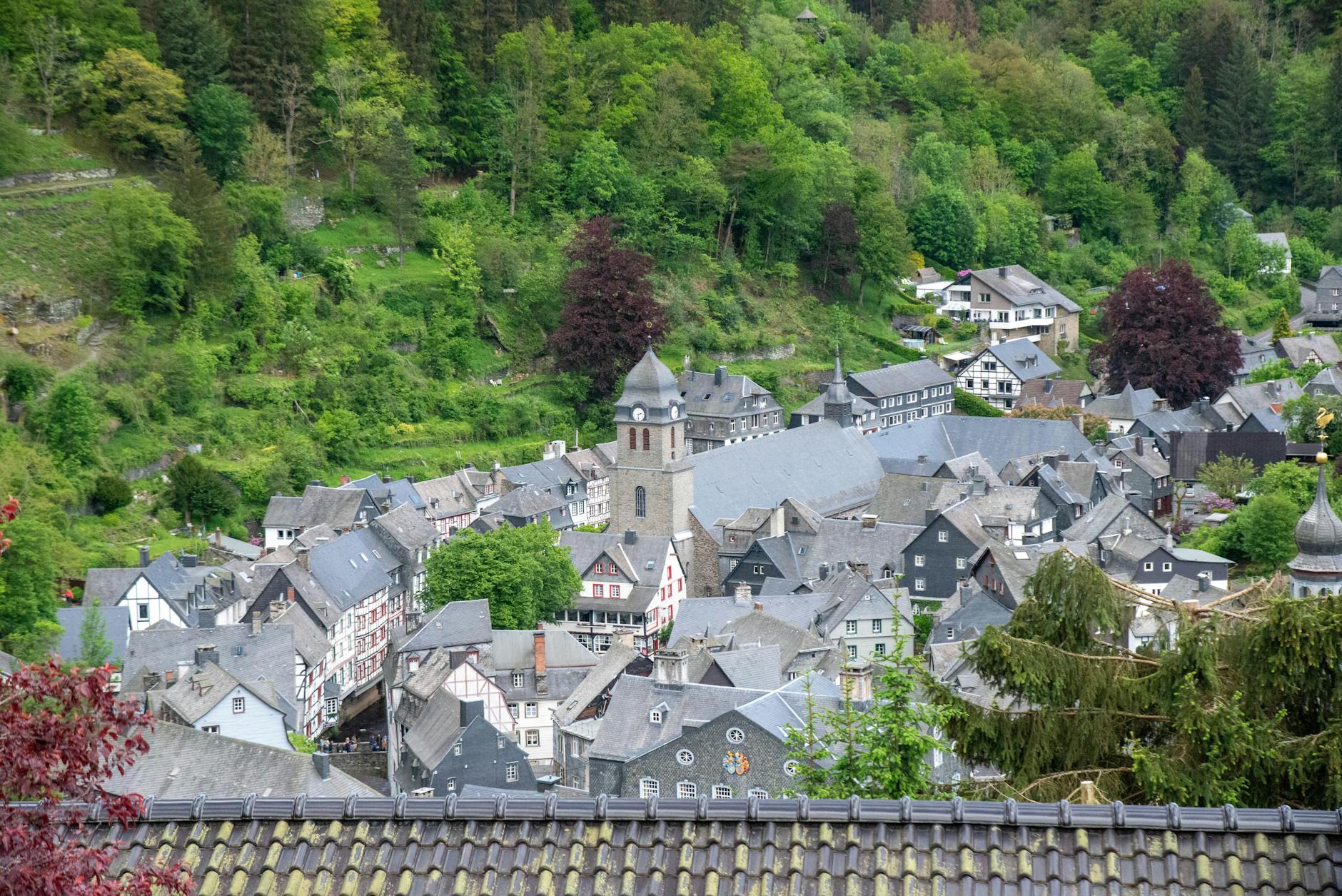 Panorama miasteczka w dolinie otoczonej zielonymi wzgórzami